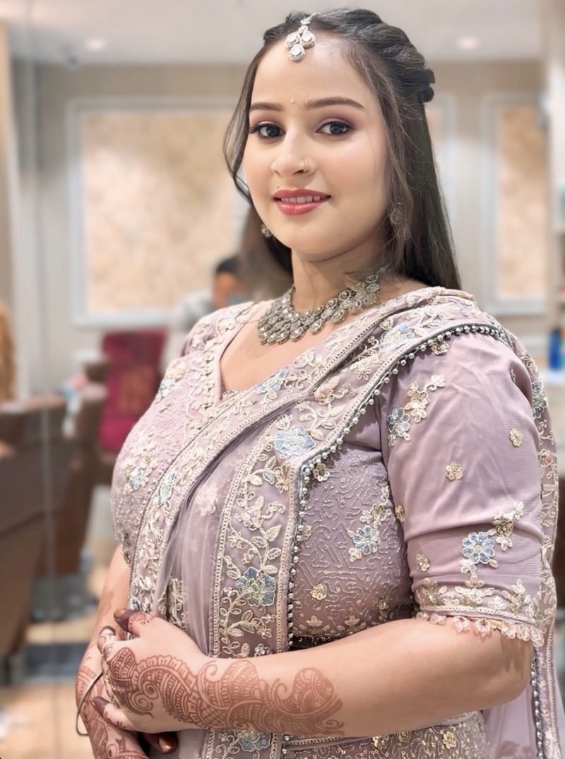 Soft glam makeup by Priya Gupta, client in a lavender outfit